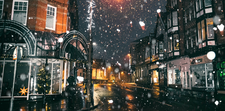 Snowy street in the UK in December